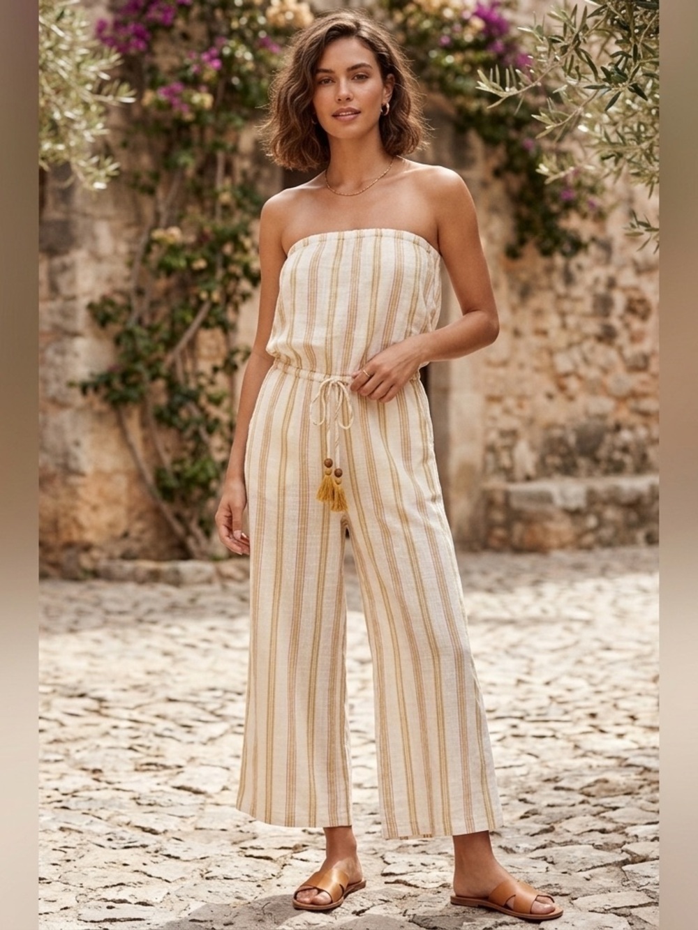 Women’s Strapless Jumpsuit Striped Wide Leg 100% Cotton Resort Wear Vacation